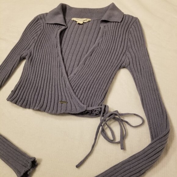 Aeropostale Periwinkle Long Sleeve Knit Crop Wraparound Collar Top Women xsmall - Picture 2 of 10